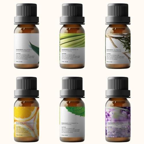 Pure Aroma Bio-Öle Set – Top 6 Aromatherapie Öle Geschenkset, 6 x 10 ml (Eukalyptus, Lavendel, Zitronengras, Süße Orange, Pfefferminze, Teebaum)