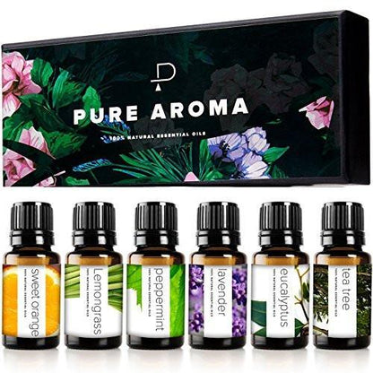 Pure Aroma Bio-Öle Set – Top 6 Aromatherapie Öle Geschenkset, 6 x 10 ml (Eukalyptus, Lavendel, Zitronengras, Süße Orange, Pfefferminze, Teebaum)