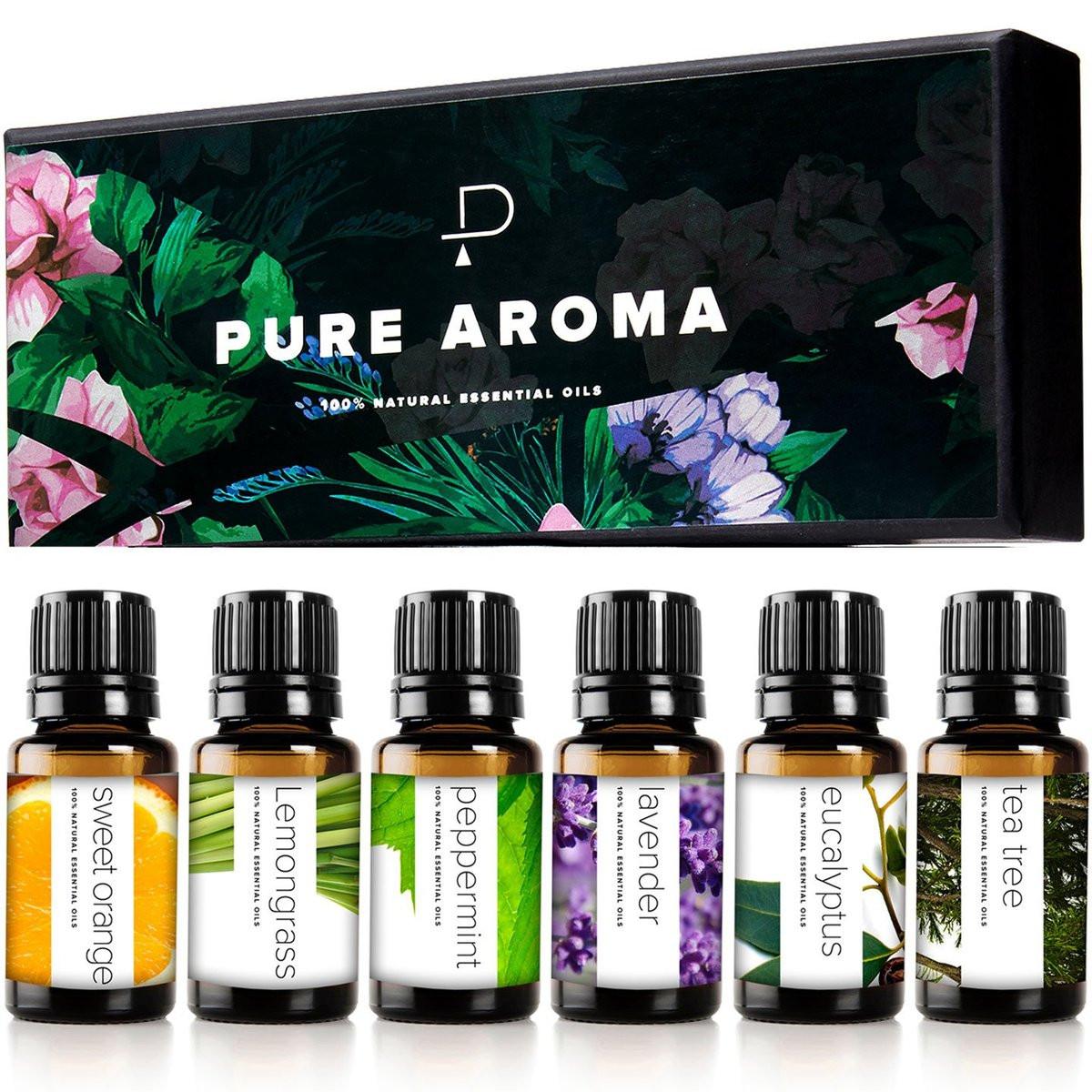 Pure Aroma Bio-Öle Set – Top 6 Aromatherapie Öle Geschenkset, 6 x 10 ml (Eukalyptus, Lavendel, Zitronengras, Süße Orange, Pfefferminze, Teebaum)