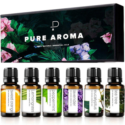 Pure Aroma Bio-Öle Set – Top 6 Aromatherapie Öle Geschenkset, 6 x 10 ml (Eukalyptus, Lavendel, Zitronengras, Süße Orange, Pfefferminze, Teebaum)