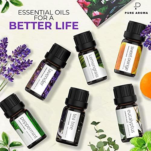 Pure Aroma Bio-Öle Set – Top 6 Aromatherapie Öle Geschenkset, 6 x 10 ml (Eukalyptus, Lavendel, Zitronengras, Süße Orange, Pfefferminze, Teebaum)