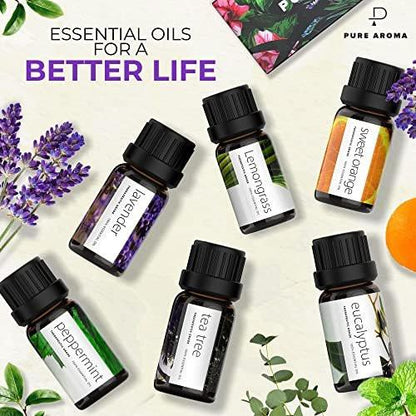 Pure Aroma Bio-Öle Set – Top 6 Aromatherapie Öle Geschenkset, 6 x 10 ml (Eukalyptus, Lavendel, Zitronengras, Süße Orange, Pfefferminze, Teebaum)