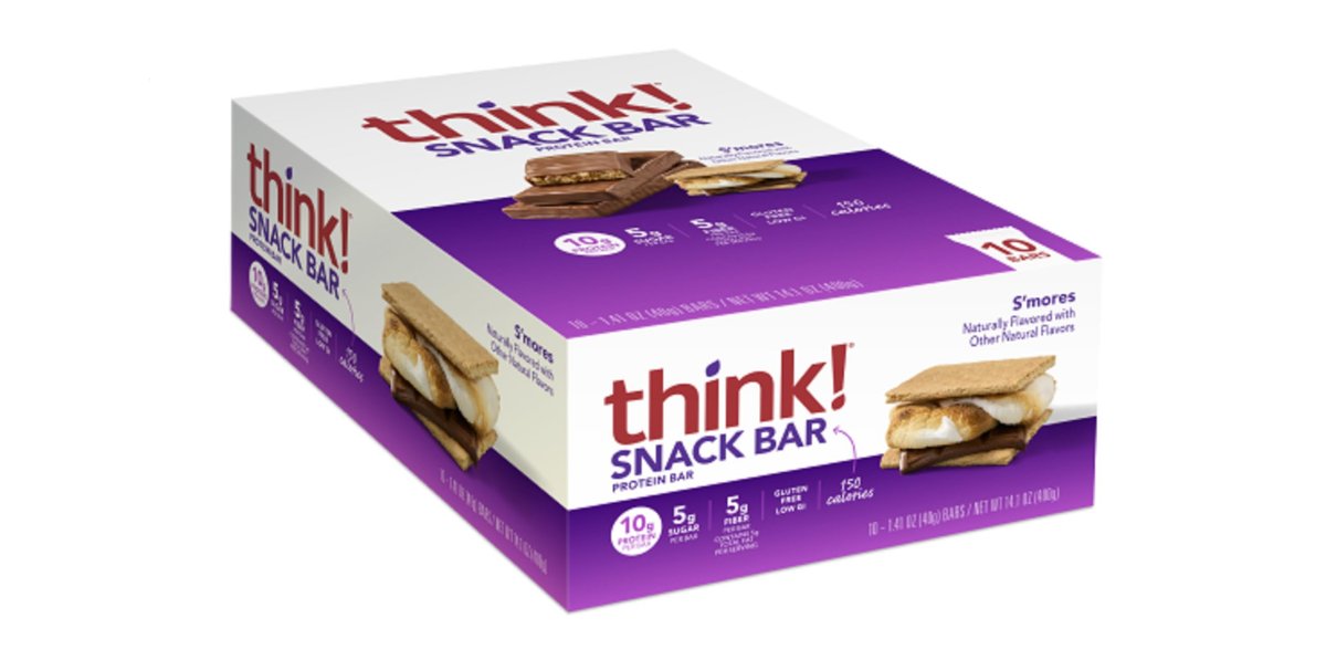 think! Protein Riegel mit Chicorée-Wurzel für Ballaststoffe, Verdauungsunterstützung, glutenfrei mit Molkenproteinisolat, S'mores, Snackriegel ohne künstliche Süßstoffe, 1,4 oz (10er Pack)