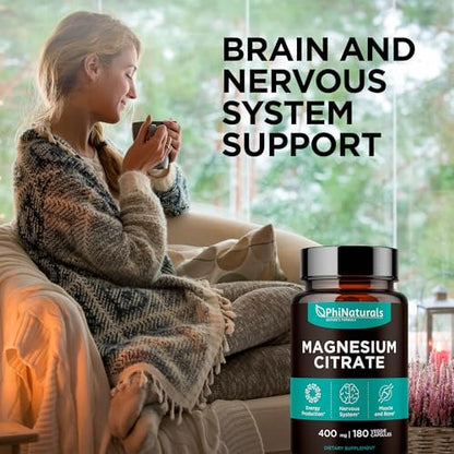 PhiNaturals Magnesium Citrat Pulver Kapseln 400mg - 180 vegane Kapseln - Unterstützung für Nervensystem und Enzymfunktion