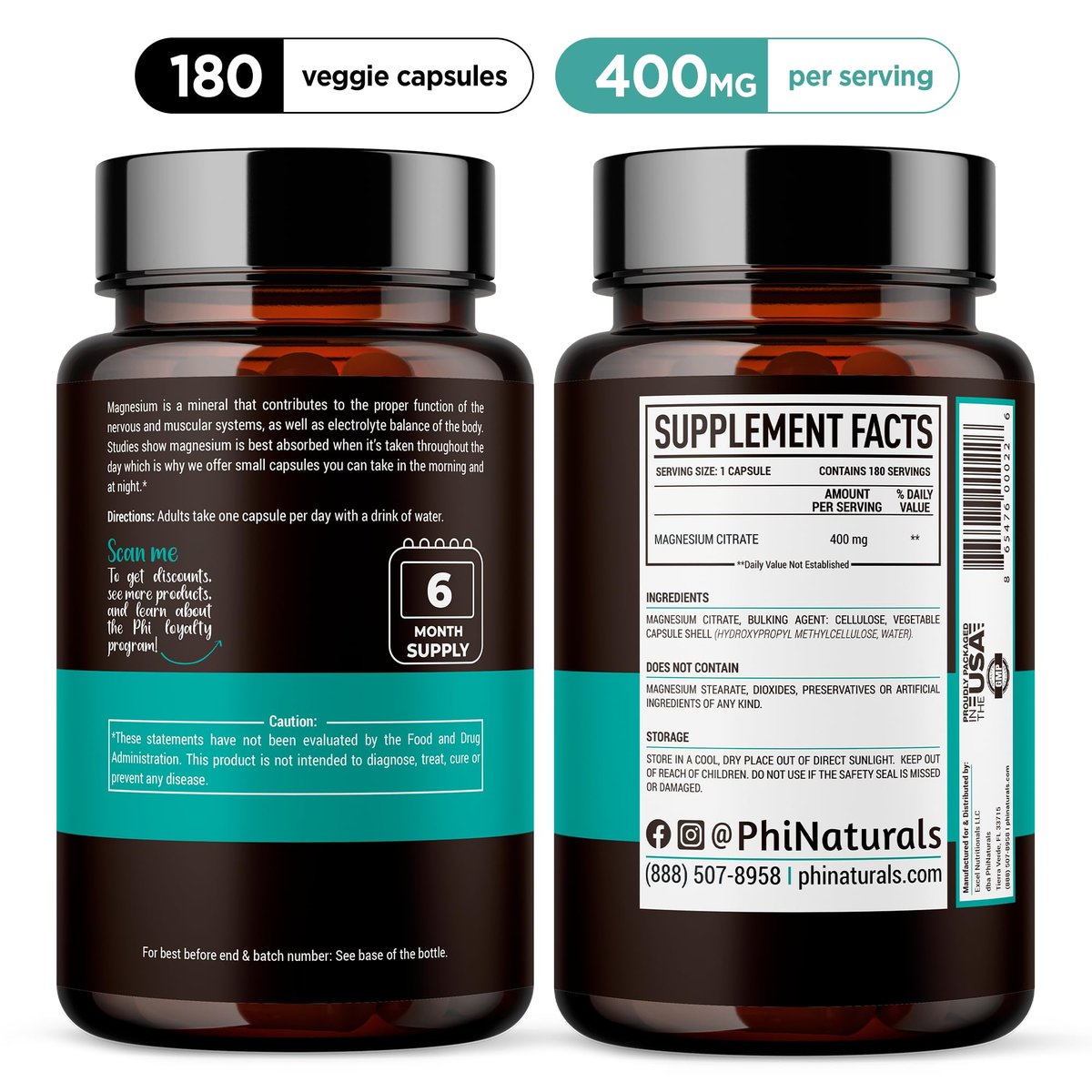 PhiNaturals Magnesium Citrat Pulver Kapseln 400mg - 180 vegane Kapseln - Unterstützung für Nervensystem und Enzymfunktion
