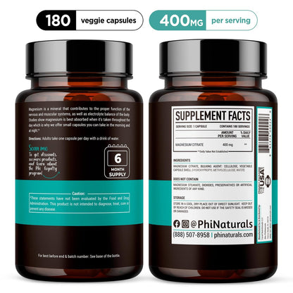 PhiNaturals Magnesium Citrat Pulver Kapseln 400mg - 180 vegane Kapseln - Unterstützung für Nervensystem und Enzymfunktion