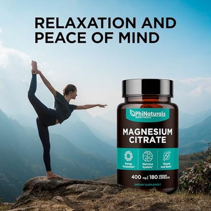 PhiNaturals Magnesium Citrat Pulver Kapseln 400mg - 180 vegane Kapseln - Unterstützung für Nervensystem und Enzymfunktion