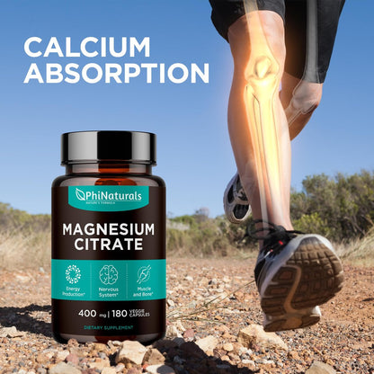 PhiNaturals Magnesium Citrat Pulver Kapseln 400mg - 180 vegane Kapseln - Unterstützung für Nervensystem und Enzymfunktion
