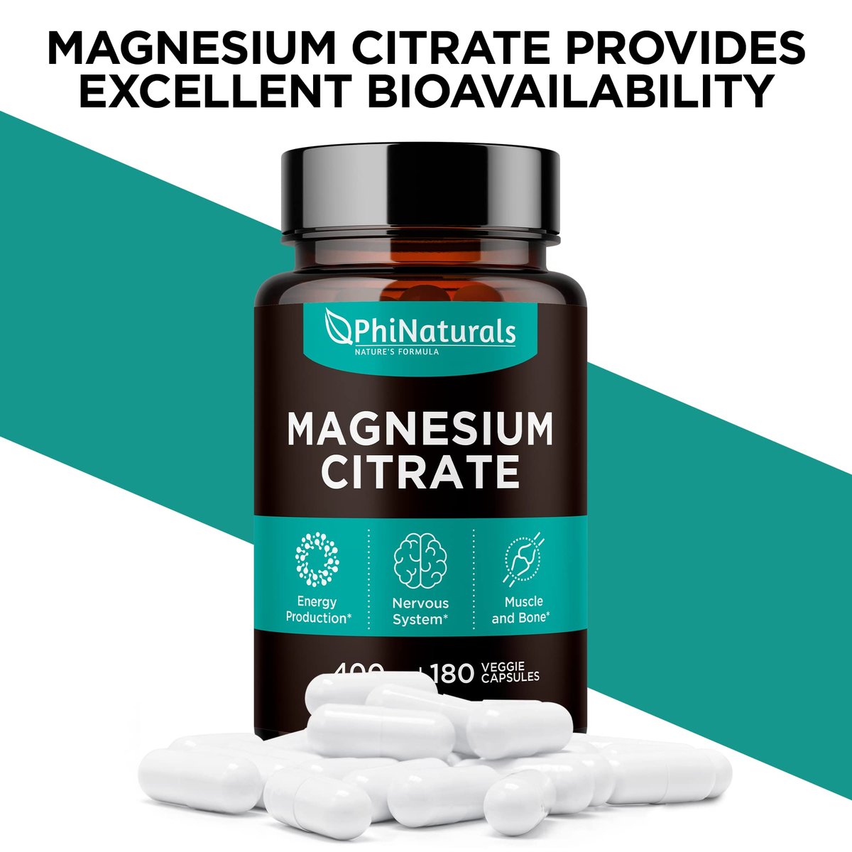 PhiNaturals Magnesium Citrat Pulver Kapseln 400mg - 180 vegane Kapseln - Unterstützung für Nervensystem und Enzymfunktion