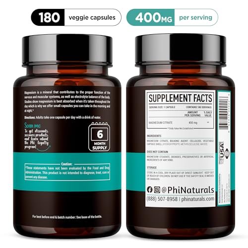 PhiNaturals Magnesium Citrat Pulver Kapseln 400mg - 180 vegane Kapseln - Unterstützung für Nervensystem und Enzymfunktion