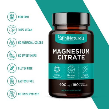 PhiNaturals Magnesium Citrat Pulver Kapseln 400mg - 180 vegane Kapseln - Unterstützung für Nervensystem und Enzymfunktion