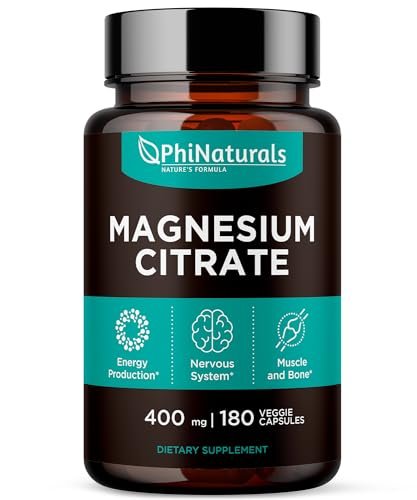 PhiNaturals Magnesium Citrat Pulver Kapseln 400mg - 180 vegane Kapseln - Unterstützung für Nervensystem und Enzymfunktion