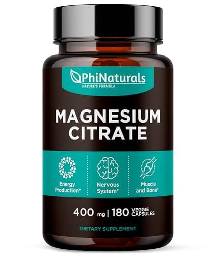PhiNaturals Magnesium Citrat Pulver Kapseln 400mg - 180 vegane Kapseln - Unterstützung für Nervensystem und Enzymfunktion