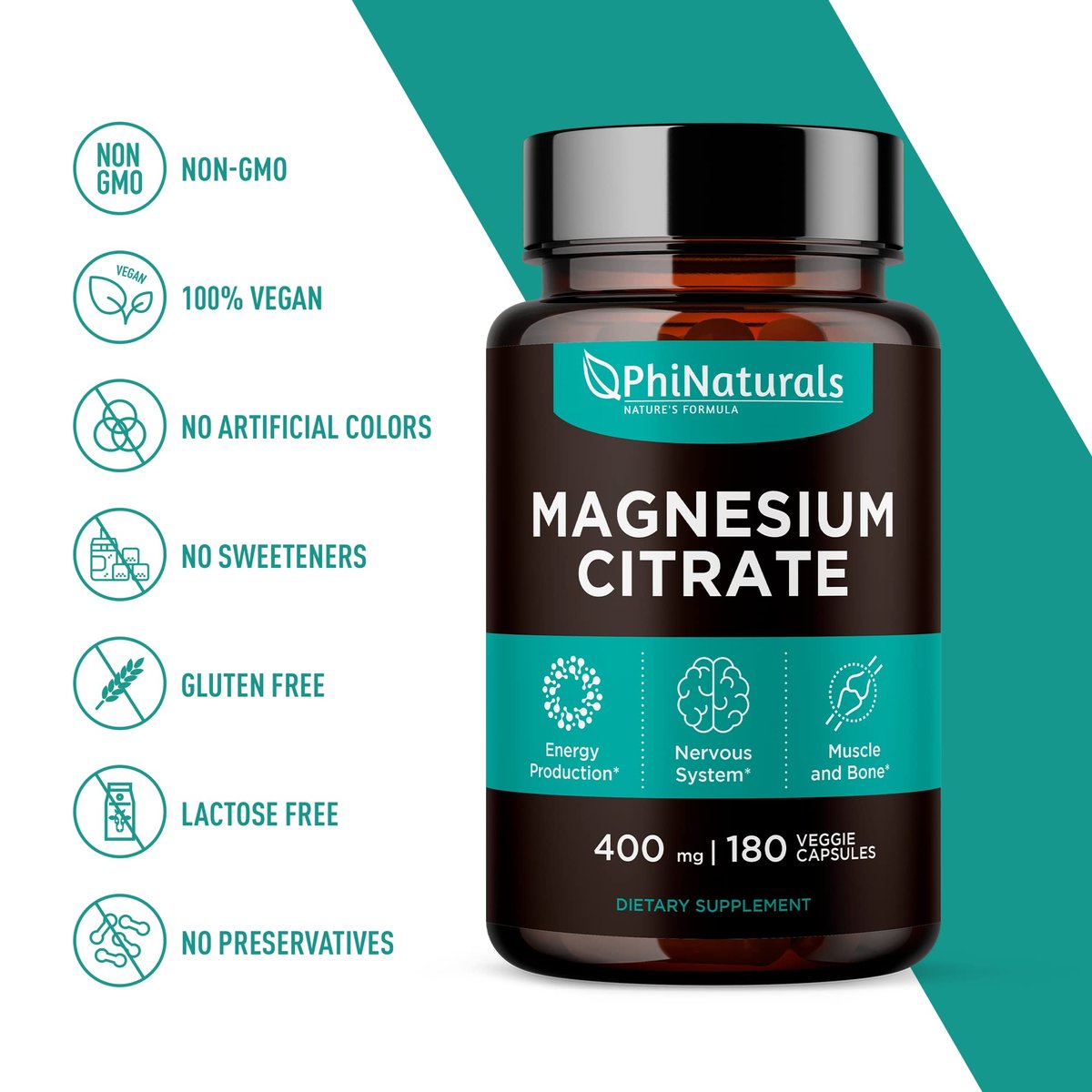 PhiNaturals Magnesium Citrat Pulver Kapseln 400mg - 180 vegane Kapseln - Unterstützung für Nervensystem und Enzymfunktion
