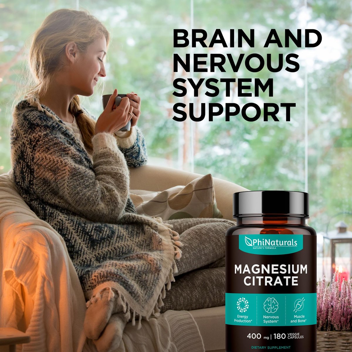 PhiNaturals Magnesium Citrat Pulver Kapseln 400mg - 180 vegane Kapseln - Unterstützung für Nervensystem und Enzymfunktion