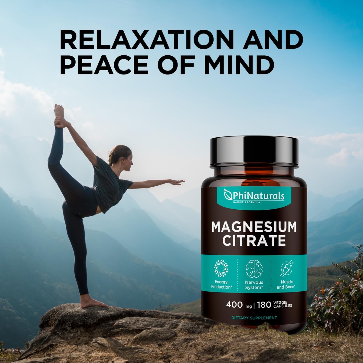 PhiNaturals Magnesium Citrat Pulver Kapseln 400mg - 180 vegane Kapseln - Unterstützung für Nervensystem und Enzymfunktion