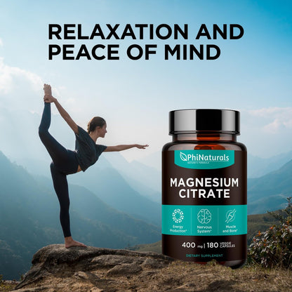 PhiNaturals Magnesium Citrat Pulver Kapseln 400mg - 180 vegane Kapseln - Unterstützung für Nervensystem und Enzymfunktion