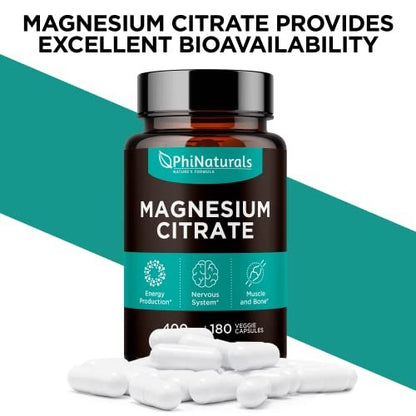 PhiNaturals Magnesium Citrat Pulver Kapseln 400mg - 180 vegane Kapseln - Unterstützung für Nervensystem und Enzymfunktion
