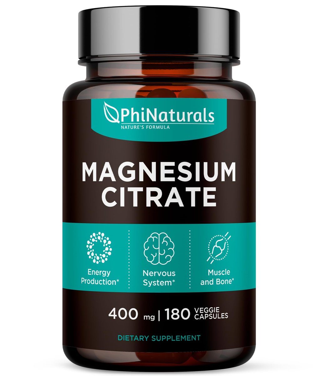 PhiNaturals Magnesium Citrat Pulver Kapseln 400mg - 180 vegane Kapseln - Unterstützung für Nervensystem und Enzymfunktion