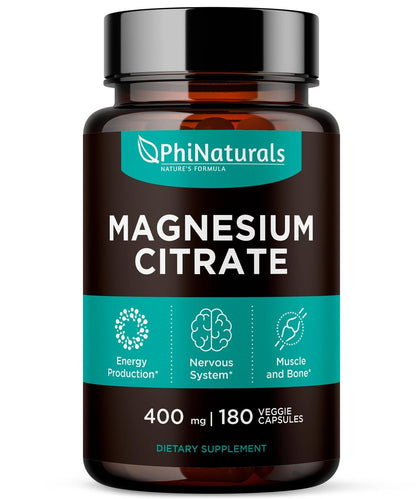 PhiNaturals Magnesium Citrat Pulver Kapseln 400mg - 180 vegane Kapseln - Unterstützung für Nervensystem und Enzymfunktion