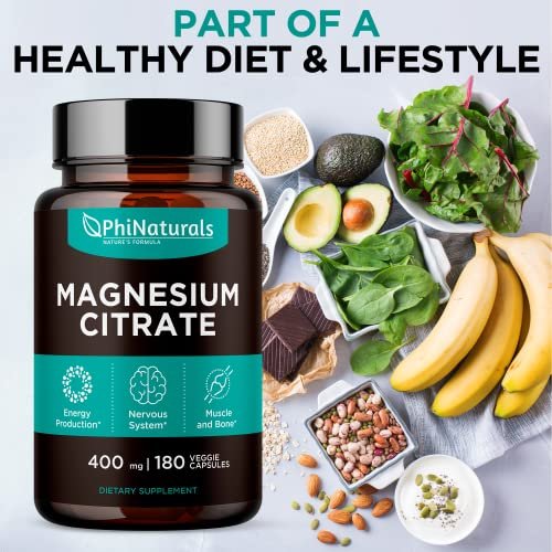 PhiNaturals Magnesium Citrat Pulver Kapseln 400mg - 180 vegane Kapseln - Unterstützung für Nervensystem und Enzymfunktion