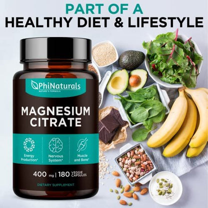 PhiNaturals Magnesium Citrat Pulver Kapseln 400mg - 180 vegane Kapseln - Unterstützung für Nervensystem und Enzymfunktion