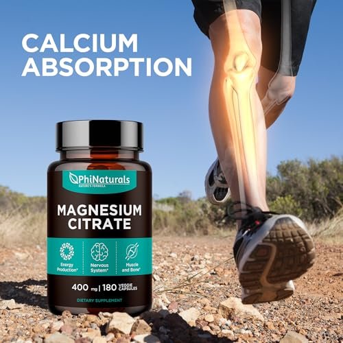 PhiNaturals Magnesium Citrat Pulver Kapseln 400mg - 180 vegane Kapseln - Unterstützung für Nervensystem und Enzymfunktion
