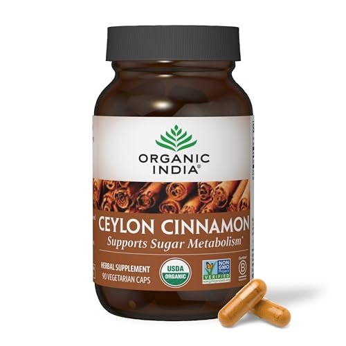 ORGANIC INDIA Ceylon Zimt Kräuterergänzung - Vegan, Glutenfrei, Koscher, USDA Bio, Nicht-GVO - 90 Kapseln