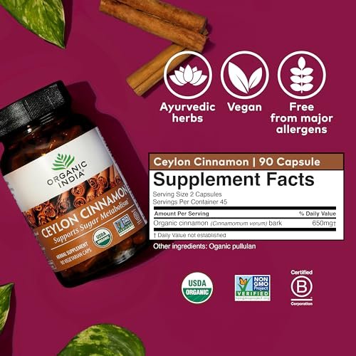 ORGANIC INDIA Ceylon Zimt Kräuterergänzung - Vegan, Glutenfrei, Koscher, USDA Bio, Nicht-GVO - 90 Kapseln