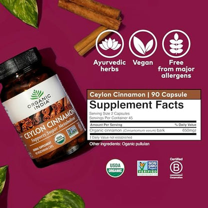 ORGANIC INDIA Ceylon Zimt Kräuterergänzung - Vegan, Glutenfrei, Koscher, USDA Bio, Nicht-GVO - 90 Kapseln