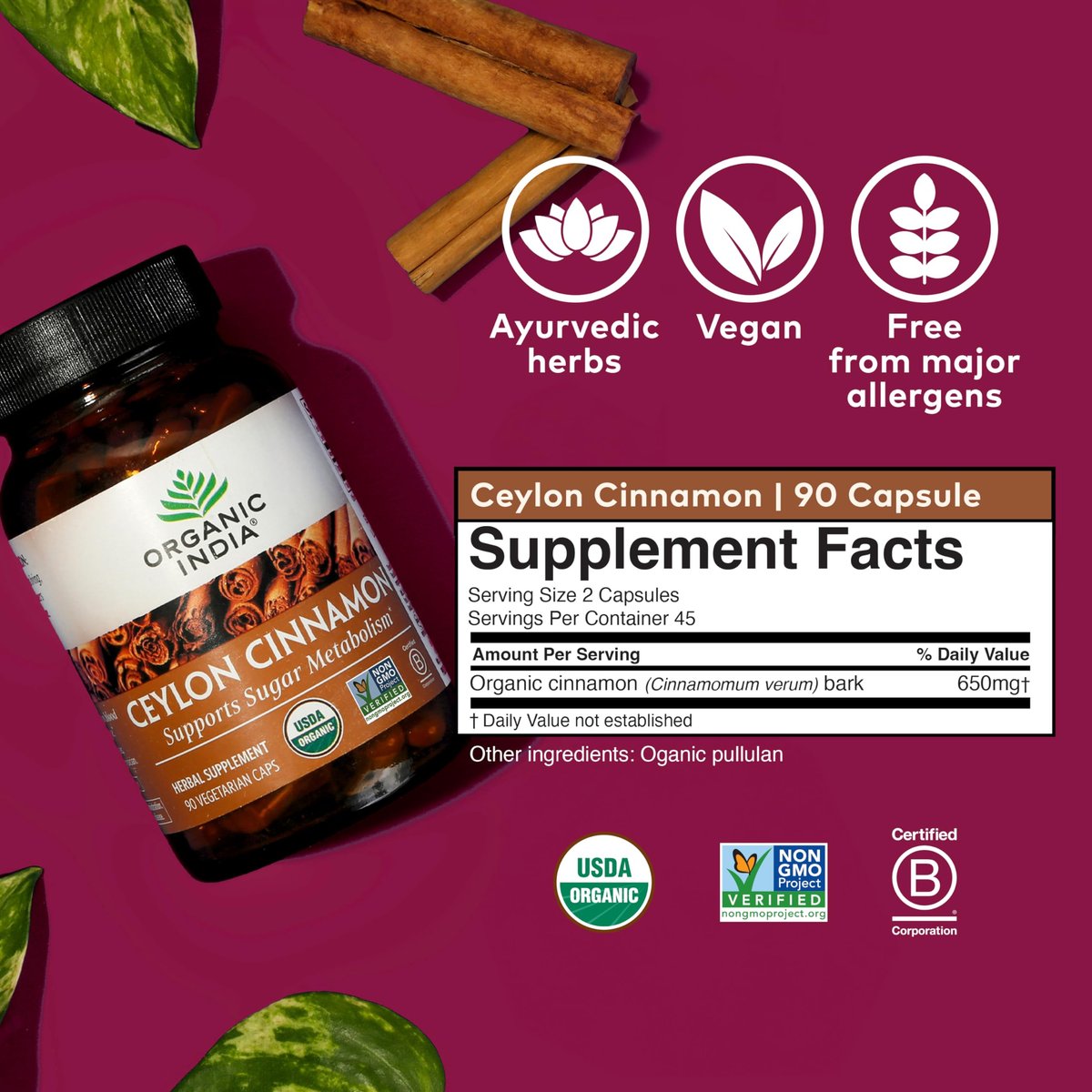 ORGANIC INDIA Ceylon Zimt Kräuterergänzung - Vegan, Glutenfrei, Koscher, USDA Bio, Nicht-GVO - 90 Kapseln