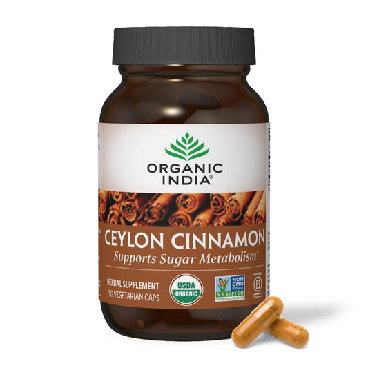 ORGANIC INDIA Ceylon Zimt Kräuterergänzung - Vegan, Glutenfrei, Koscher, USDA Bio, Nicht-GVO - 90 Kapseln
