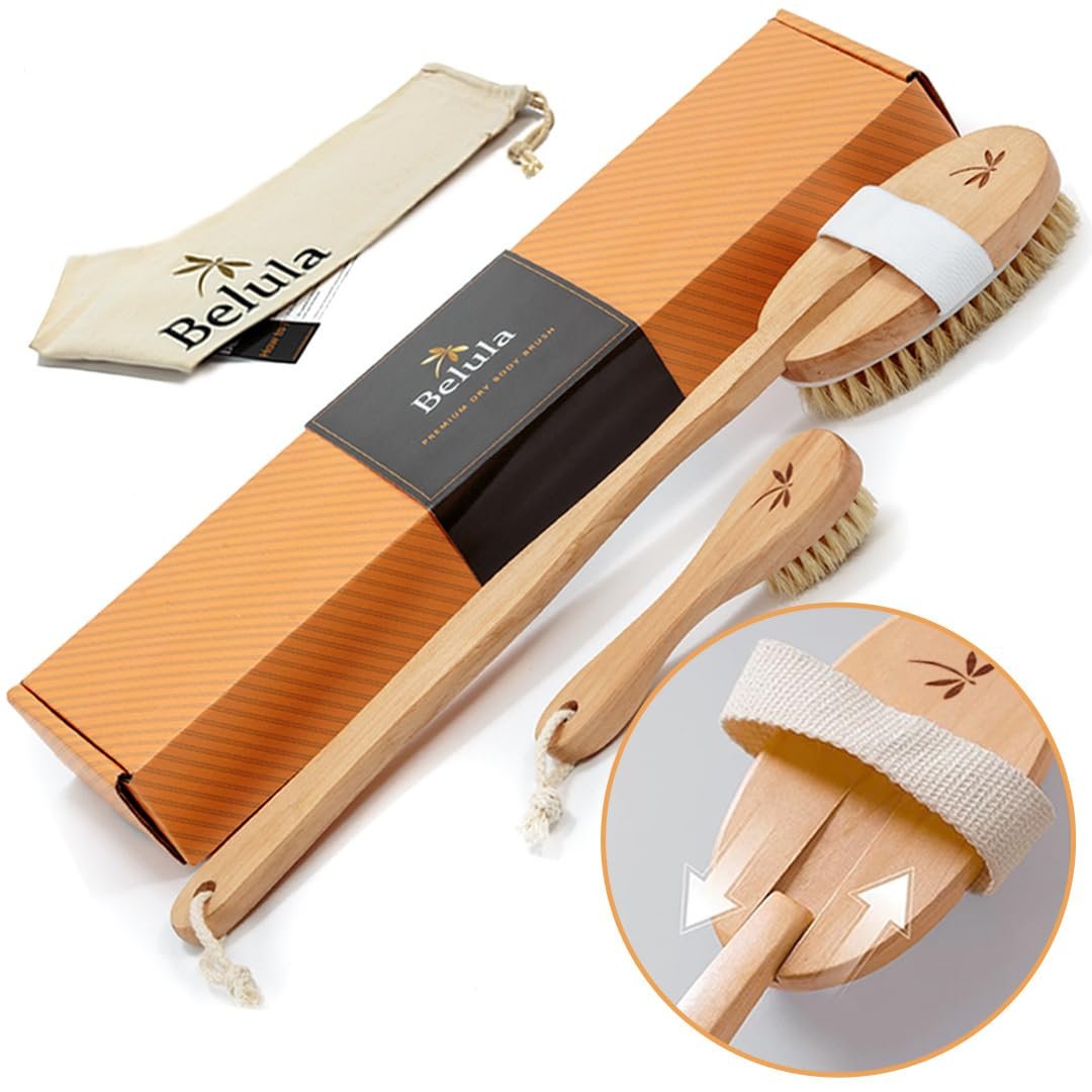 Belula Dry Brushing Körperbürsten Set – Natürliche Wildschweinborsten Körperbürste, Peeling-Gesichtsbürste & Badehandschuhe – Ideale Trockenbürste für Lymphdrainage & gesunde, strahlende Haut!