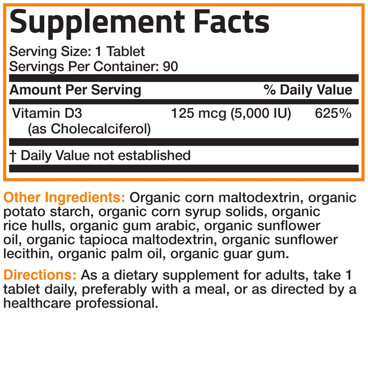 Bronson Vitamin D3 5000 IE Bio-zertifiziertes organisches Vitamin-D-Präparat, Nicht-GVO, USDA-zertifiziert, 90 Tabletten