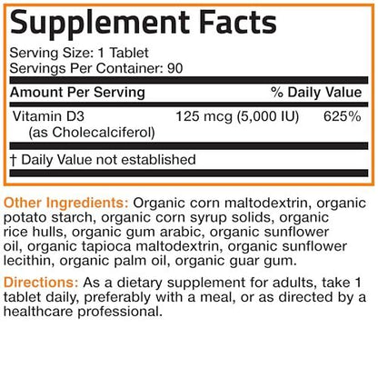 Bronson Vitamin D3 5000 IE Bio-zertifiziertes organisches Vitamin-D-Präparat, Nicht-GVO, USDA-zertifiziert, 90 Tabletten