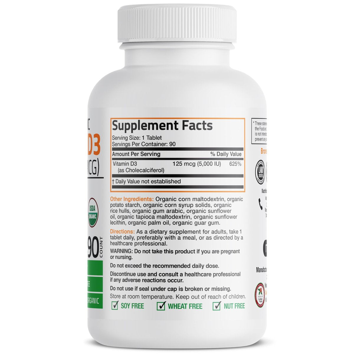Bronson Vitamin D3 5000 IE Bio-zertifiziertes organisches Vitamin-D-Präparat, Nicht-GVO, USDA-zertifiziert, 90 Tabletten