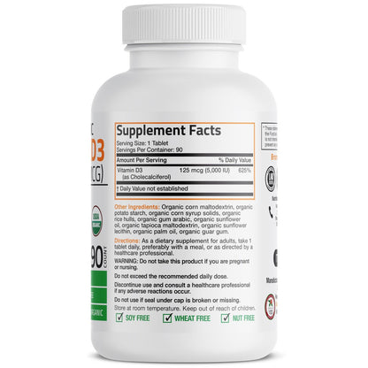 Bronson Vitamin D3 5000 IE Bio-zertifiziertes organisches Vitamin-D-Präparat, Nicht-GVO, USDA-zertifiziert, 90 Tabletten