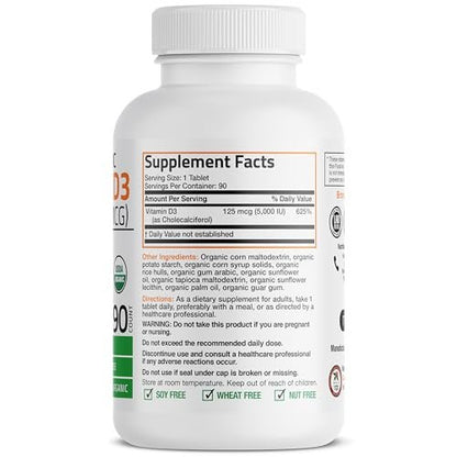 Bronson Vitamin D3 5000 IE Bio-zertifiziertes organisches Vitamin-D-Präparat, Nicht-GVO, USDA-zertifiziert, 90 Tabletten