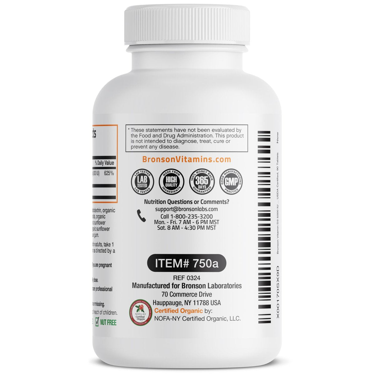 Bronson Vitamin D3 5000 IE Bio-zertifiziertes organisches Vitamin-D-Präparat, Nicht-GVO, USDA-zertifiziert, 90 Tabletten