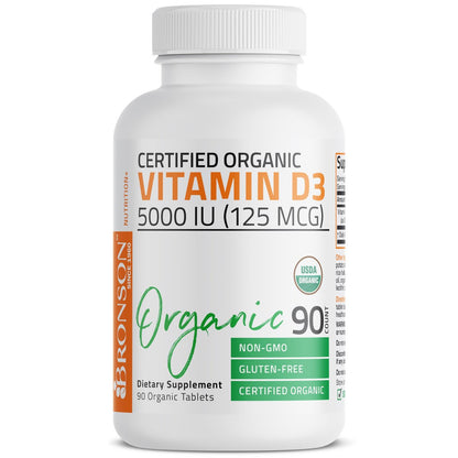 Bronson Vitamin D3 5000 IE Bio-zertifiziertes organisches Vitamin-D-Präparat, Nicht-GVO, USDA-zertifiziert, 90 Tabletten