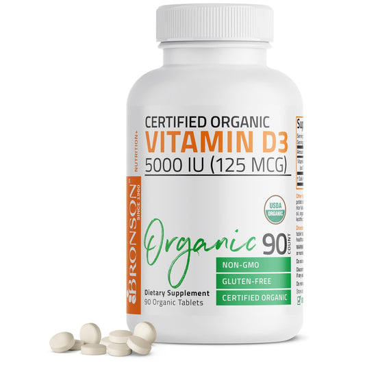 Bronson Vitamin D3 5000 IE Bio-zertifiziertes organisches Vitamin-D-Präparat, Nicht-GVO, USDA-zertifiziert, 90 Tabletten