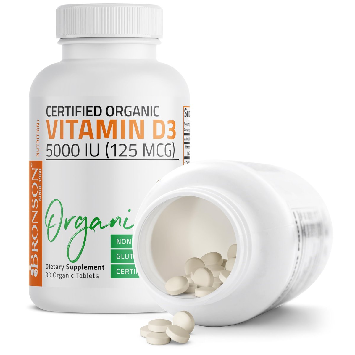 Bronson Vitamin D3 5000 IE Bio-zertifiziertes organisches Vitamin-D-Präparat, Nicht-GVO, USDA-zertifiziert, 90 Tabletten