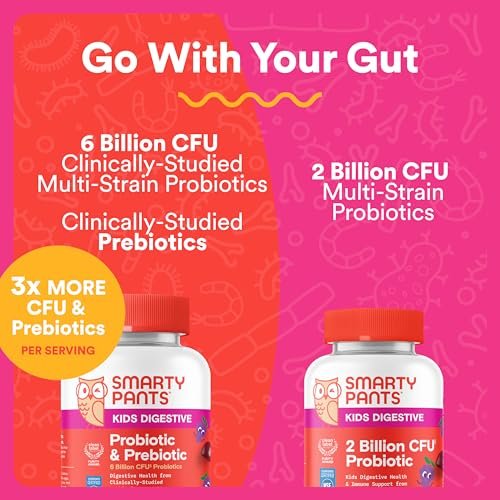 SmartyPants Kinder Probiotika & Präbiotika Gummis für die Verdauungsgesundheit: Nahrungsergänzungsmittel für die Darmgesundheit mit klinisch untersuchtem Präbiotikum zur Immununterstützung, Traube, 60 Stück (30-Tage-Vorrat)