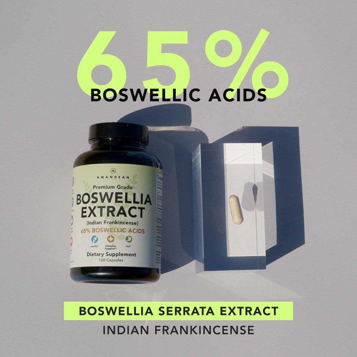 AMANDEAN Boswellia Serrata Extrakt 500mg – 120 vegane Kapseln – 65 % Boswelliasäuren mit AKBA – Indischer Weihrauch – Gelenkunterstützung