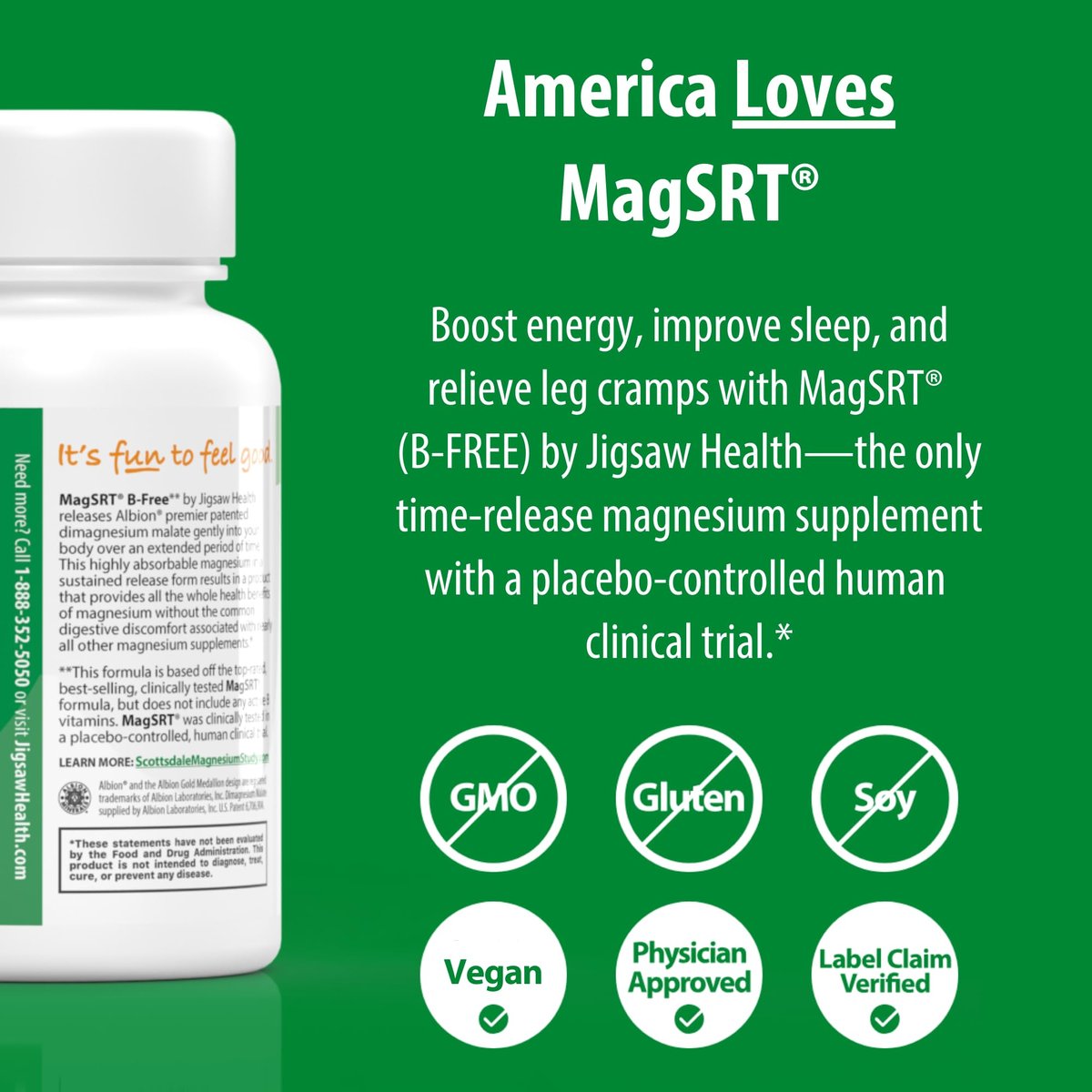 Jigsaw Health MagSRT (B-Free) | Premium, organisches Magnesium mit langsamer Freisetzung | Aktiv bioverfügbares Magnesiummalat | 60 Tabletten (15 Portionen)
