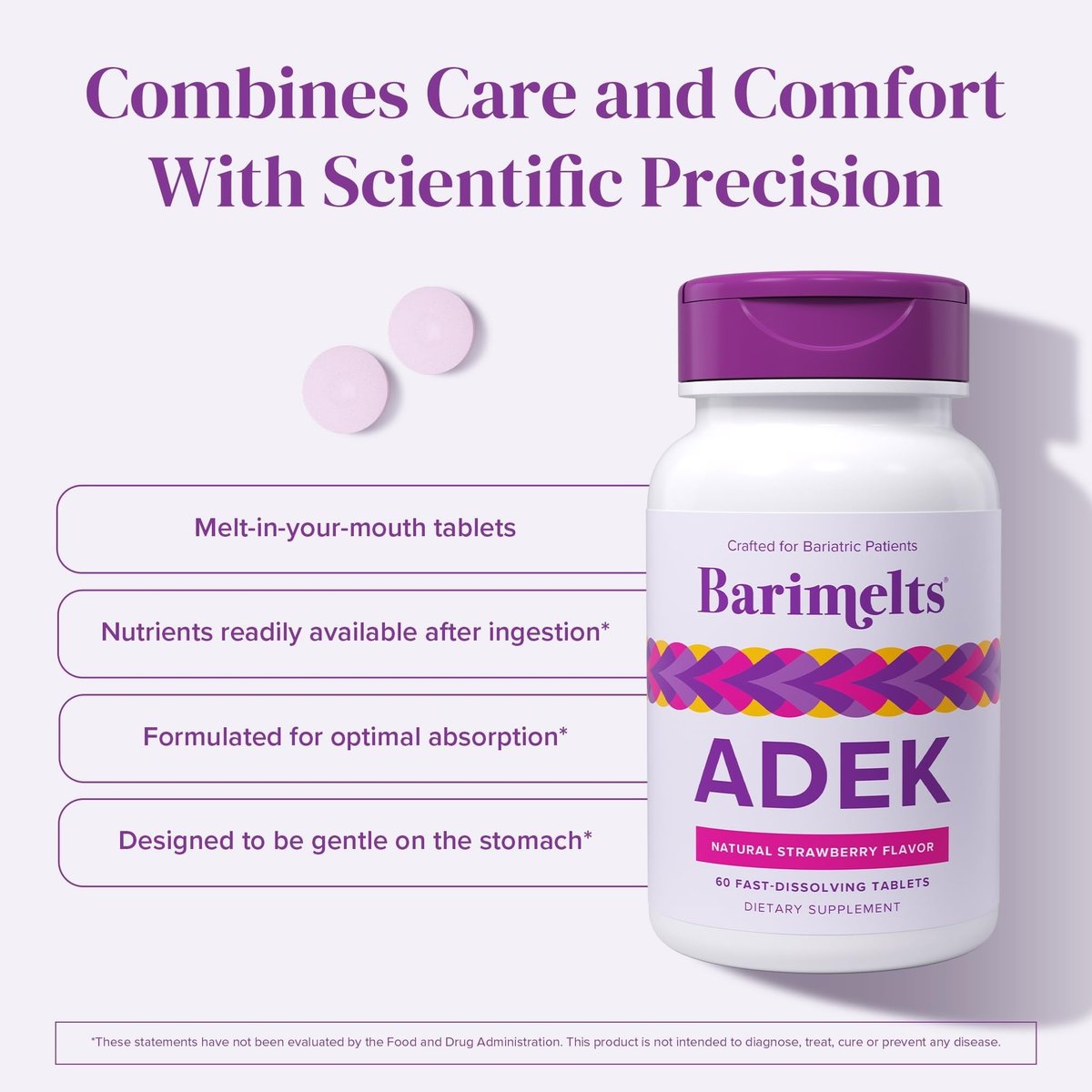 Barimelts ADEK - 60 schnell lösliche Tabletten (2-Monats-Vorrat) - Zuckerfreie bariatrische Vitamine für Frauen mit Vitamin A, D, E & K, natürlicher Erdbeergeschmack