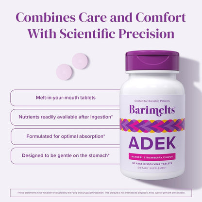 Barimelts ADEK - 60 schnell lösliche Tabletten (2-Monats-Vorrat) - Zuckerfreie bariatrische Vitamine für Frauen mit Vitamin A, D, E & K, natürlicher Erdbeergeschmack