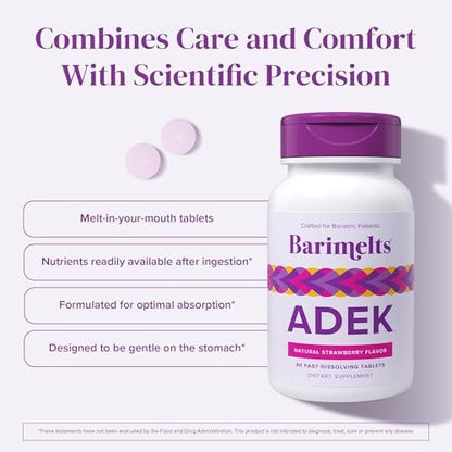 Barimelts ADEK - 60 schnell lösliche Tabletten (2-Monats-Vorrat) - Zuckerfreie bariatrische Vitamine für Frauen mit Vitamin A, D, E & K, natürlicher Erdbeergeschmack