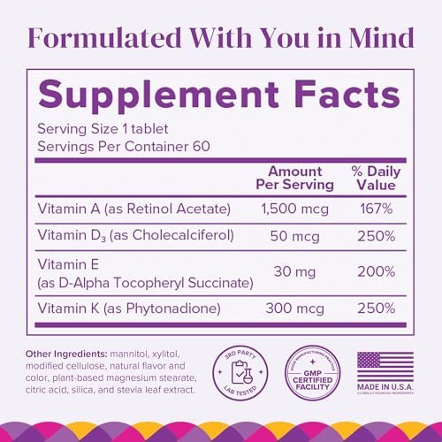 Barimelts ADEK - 60 schnell lösliche Tabletten (2-Monats-Vorrat) - Zuckerfreie bariatrische Vitamine für Frauen mit Vitamin A, D, E & K, natürlicher Erdbeergeschmack