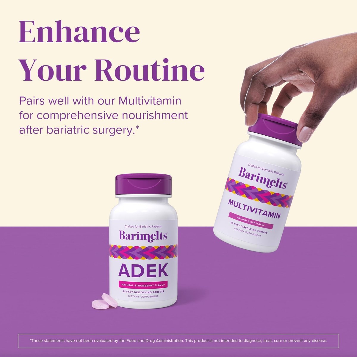Barimelts ADEK - 60 schnell lösliche Tabletten (2-Monats-Vorrat) - Zuckerfreie bariatrische Vitamine für Frauen mit Vitamin A, D, E & K, natürlicher Erdbeergeschmack